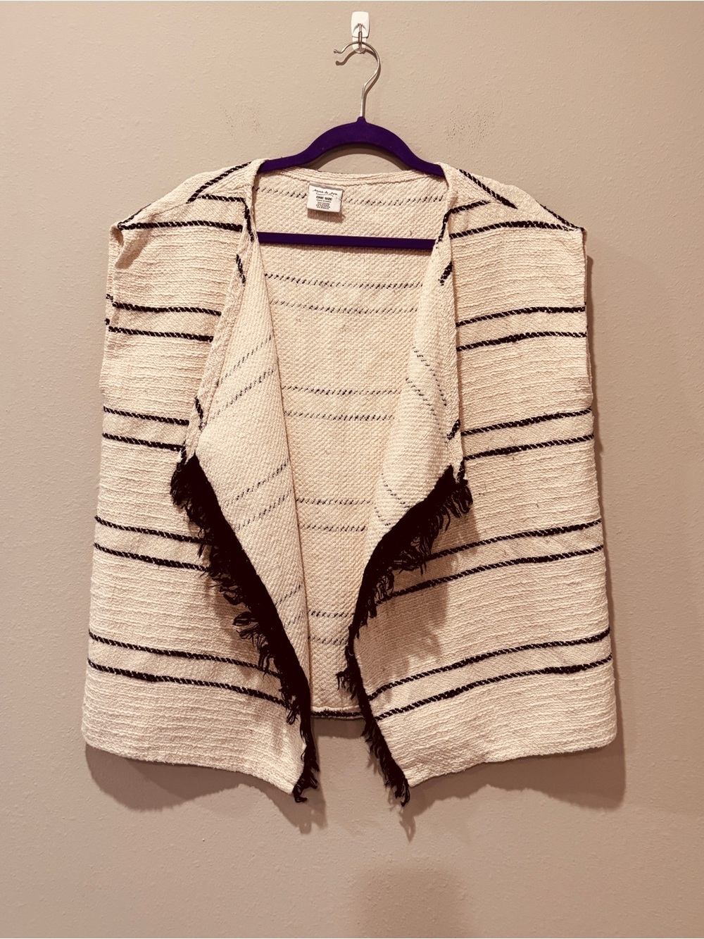 Anna & Ava Cream Black Striped Fringe Open-Front Poncho Cotton Blend Soft Casual